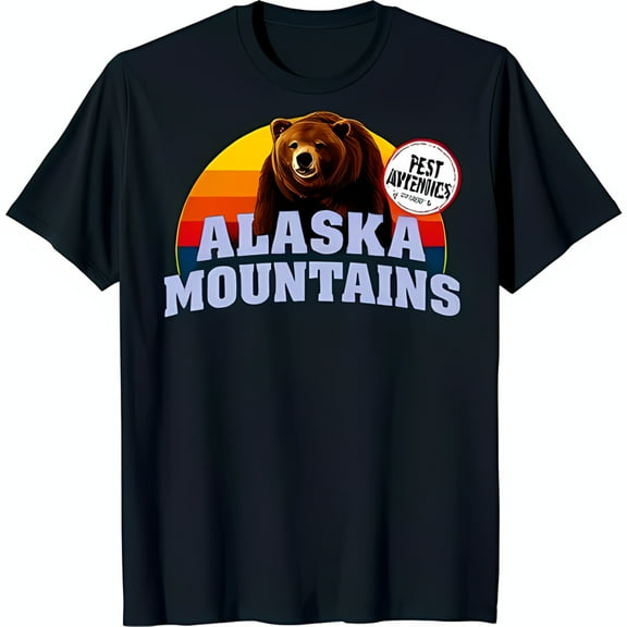 Alaska Mountains Bear Graphic T-Shirt Dark Blue Sunset Design
