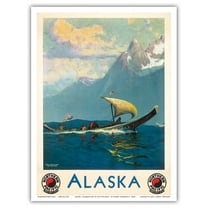 Alaska - Natives Off to the Potlatch Umiak Boat - Northern Pacific Railway - Vintage Railroad Travel Poster by Sydney Laurence c. 1930s - Master Art Print (Unframed) 9in x 12in