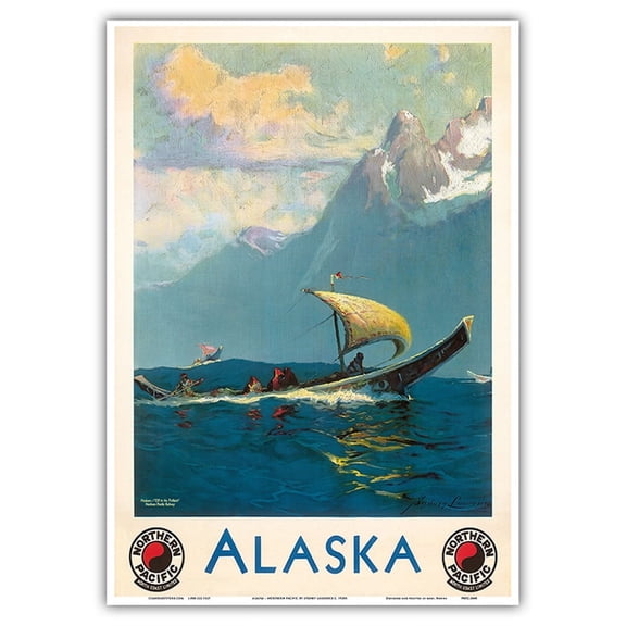 Alaska - Natives Off to the Potlatch Umiak Boat - Northern Pacific Railway - Vintage Railroad Travel Poster by Sydney Laurence c. 1930s - Master Art Print 10in x 14in