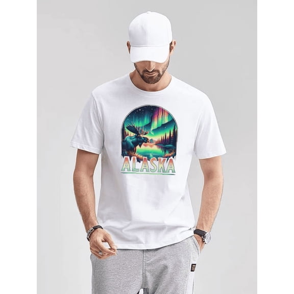 Alaska Northern Lights Aurora Moose Graphic Scenic Glow Unisex T-Shirt, up to size 5XL