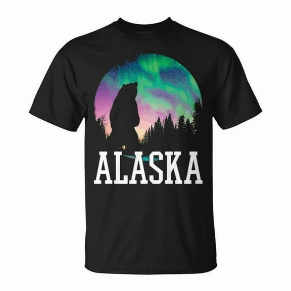 Alaska Northern Lights Aurora Viewing Design Unisex Adult Cotton Tee for Vacation Souvenir Travel and Outdoor Wear, Size 3XL, Color Black