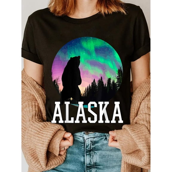 Alaska Northern Lights Bear Silhouette Unisex Short Sleeve Vacation Tee