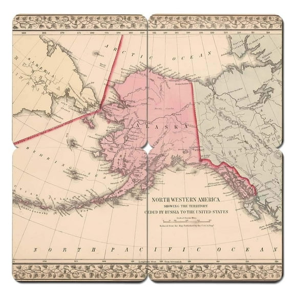 TORCHED Alaska Old World Map Coaster 4"x4" | Wood Drink Beer Coaster (Set of 4) | Multicolor