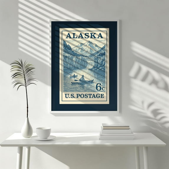 Alaska Postage Stamp Poster Vintage Style Engraved Glacier & Kayak Wall Art Retro Us State Travel Poster Alaska Home Decor, Unframed Poster Size 8x12