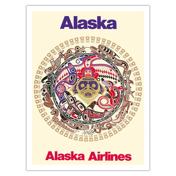 Alaska - Power of the Shining Heavens - Haida Indian Tribal Art - Alaska Airlines - Vintage Airline Travel Poster by Barry Harem c.1978 - Bamboo Fine Art 290gsm Paper Print (Unframed) 24x32in