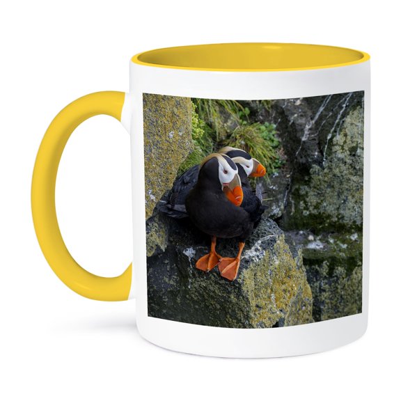 3drose, Alaska, Pribilof Islands, Saint Paul. Tufted Puffin Aka Crested Puffin, 11oz Two-tone Yellow Mug