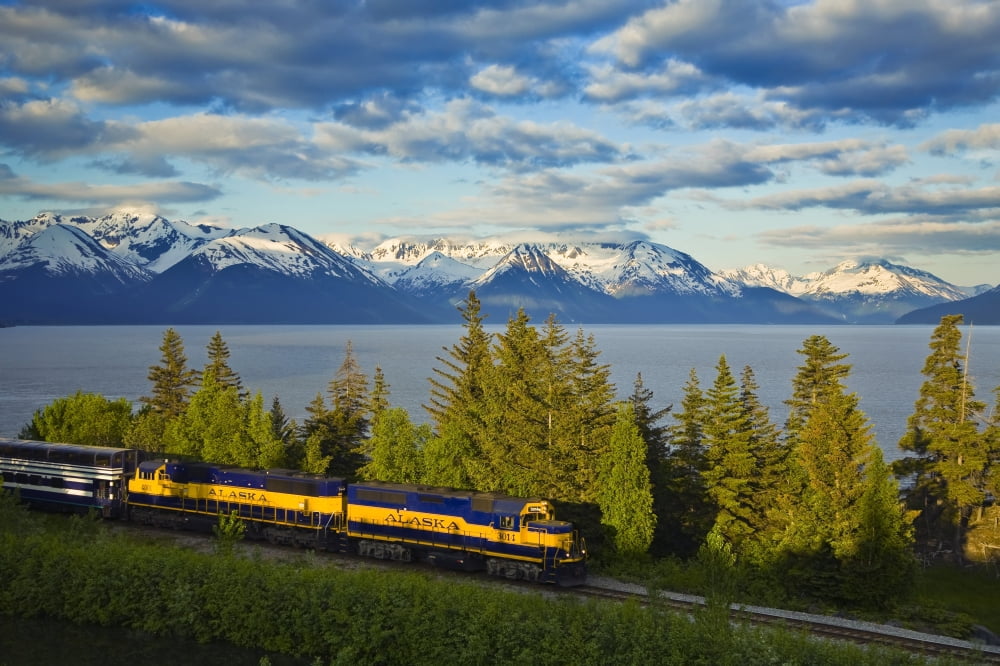 Alaska Railroad Passes In Front Of Turnagain Arm Near Bird Point Heading Towards Anchorage Alaska During Summer Canvas Art - Michael DeYoung Design Pics (17 x 11)
