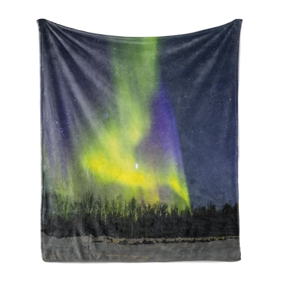 Alaska Soft Flannel Fleece Blanket, Aurora Borealis over the Snow Covered Forest in the Northwest America Alaskan Winter, Cozy Plush for Indoor and Outdoor Use, 50" x 70", Multicolor, by Ambesonne