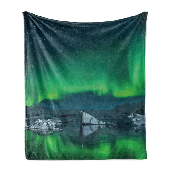 Alaska Soft Flannel Fleece Blanket, Aurora Borealis Under the Starry Sky Hills of Arctic Northern Landscape, Cozy Plush for Indoor and Outdoor Use, 60" x 80", Night Blue Lime Green, by Ambesonne
