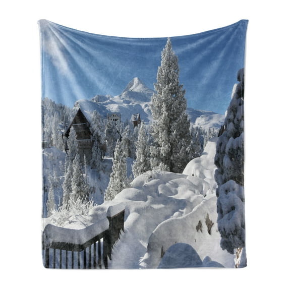Alaska Soft Flannel Fleece Blanket, Winter Season in the North American Countryside Snow Covered Fields Trees, Cozy Plush for Indoor and Outdoor Use, 50" x 60", White Sky Blue Brown, by Ambesonne
