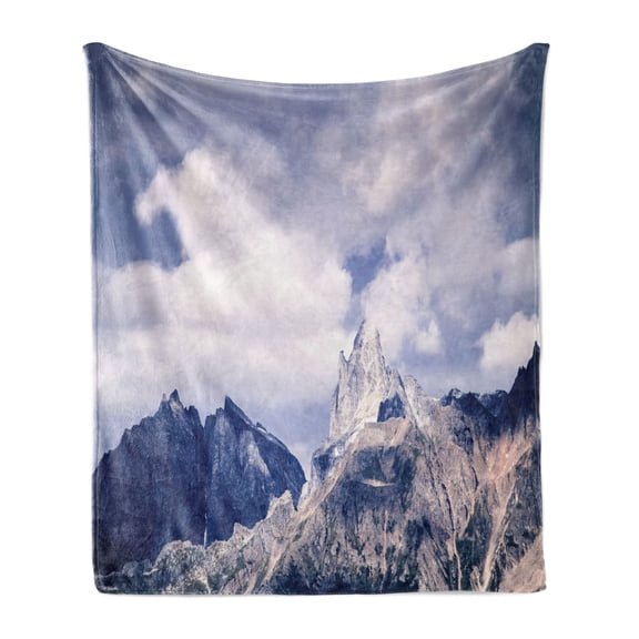 Alaska Soft Flannel Fleece Throw Blanket, Craggy Peaks in Southeast Alaska Fall Season Mountains Landscape Photo, Cozy Plush for Indoor and Outdoor Use, 60" x 80", Grey White Sky Blue, by Ambesonne
