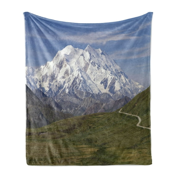 Alaska Soft Flannel Fleece Throw Blanket, McKinley Mountain in Denali National Park in Alaska Scenic Landscape, Cozy Plush for Indoor and Outdoor Use, 70" x 90", Fern Green Sky Blue, by Ambesonne