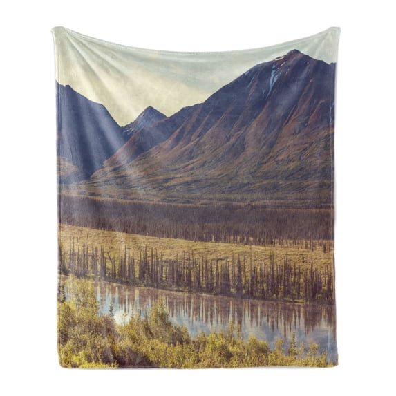 Alaska Soft Flannel Fleece Throw Blanket, Mountain and River in Alaska American Countryside Idyllic Rustic Photo, Cozy Plush for Indoor and Outdoor Use, 60" x 80", Forest Green Yellow, by Ambesonne