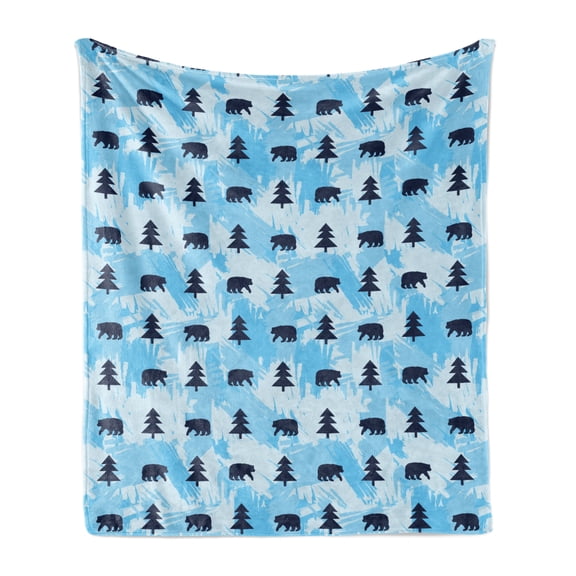 Alaska Soft Flannel Fleece Throw Blanket, Simple Depiction of Bears and Fir Trees on Icy Back Winter Themed Repetition, Cozy Plush for Indoor and Outdoor Use, 50" x 60", Indigo Sky Blue, by Ambesonne