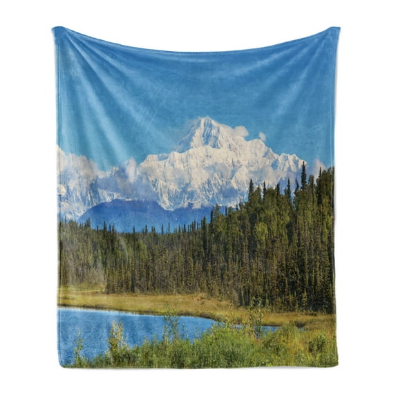 Alaska Soft Flannel Fleece Throw Blanket, Snow Covered McKinley Mountain in Spring Season with Vibrant Forest, Cozy Plush for Indoor and Outdoor Use, 50" x 70", Forest Green White Blue, by Ambesonne