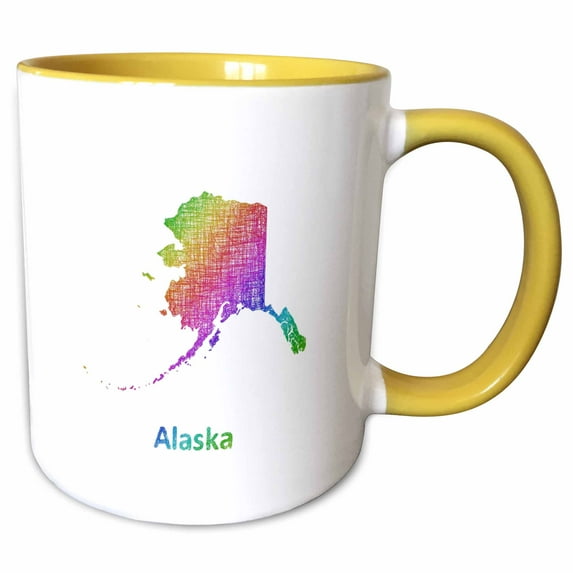 3drose, Alaska State Map - Rainbow Sketch Design, 15oz Two-tone Yellow Mug