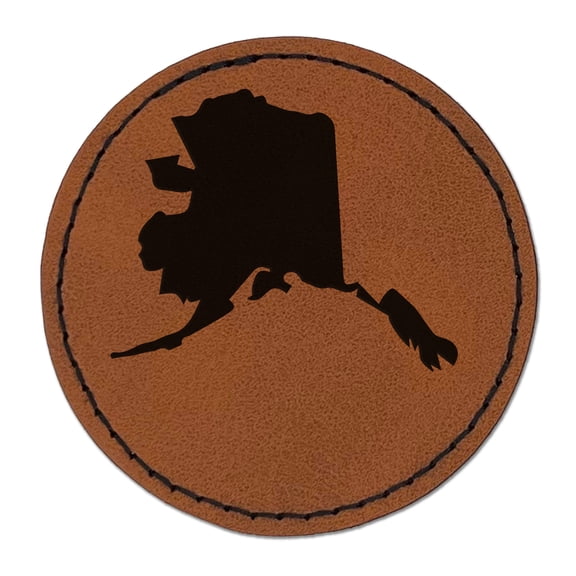 Alaska State Silhouette 2.5" Faux Leather Round Engraved Iron-On Patch - Brown