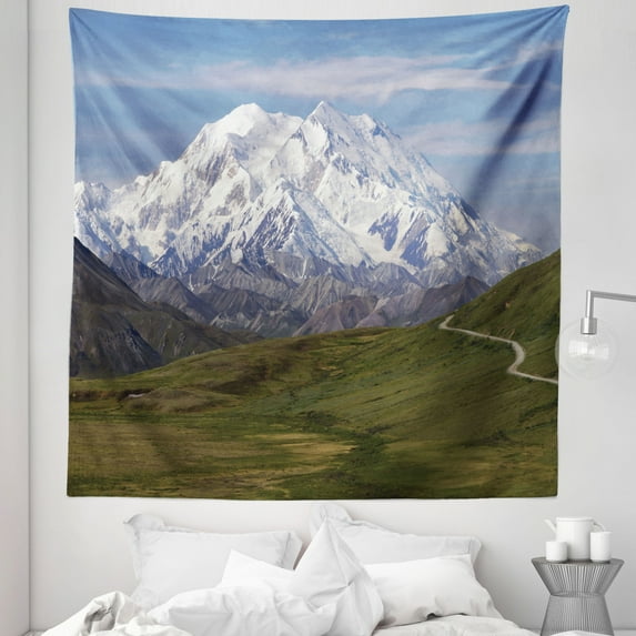 Alaska Tapestry, McKinley Mountain in Denali National Park in Alaska Scenic Landscape, Fabric Wall Hanging Decor for Bedroom Living Room Dorm, 5 Sizes, Fern Green Sky Blue, by Ambesonne