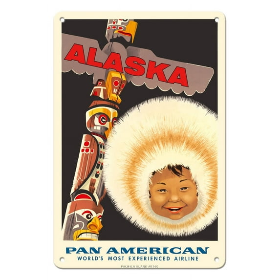 Alaska - Totem Pole Eskimo Child - Pan American World Airways - Vintage Airline Travel Poster by Aaron Amspoker c.1955 - 8 x 12 inch Vintage Metal Tin Sign