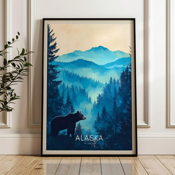 Alaska Travel Poster - United States Wall Art Print, Illustration Artwork, Home & Office Decor, Usa Gift Idea, Black Bear, North America Wall Art, Modern Wall Decor, 8x12 UNFRAMED