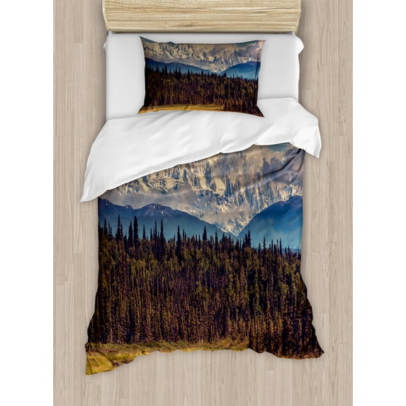 Alaska Twin Size Duvet Cover Set, Colorful Summer Season in Northwest America Snow White Mountains River Fresh Forest, Decorative 2 Piece Bedding Set with 1 Pillow Sham, Multicolor, by Ambesonne