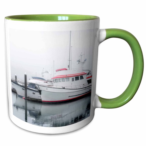 3drose, Alaska, Valdez. Two Fishing Boat in a Foggy Marina., 15oz Two-tone Green Mug