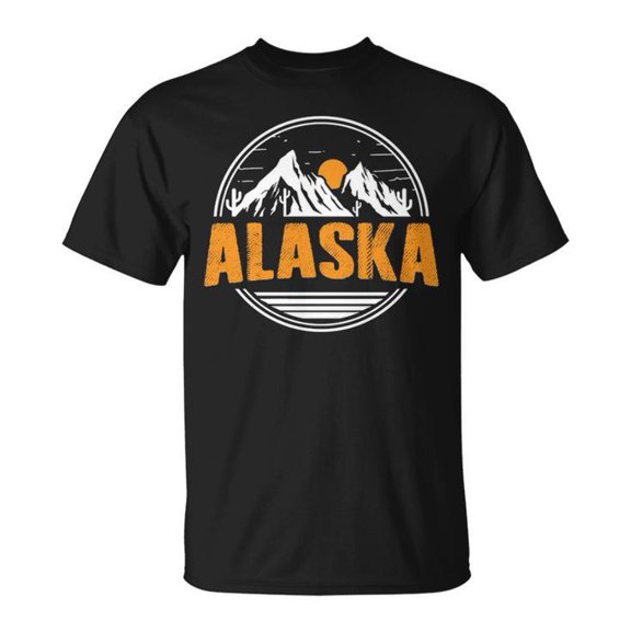 Alaska Vintage Mountains Sunrise Graphic Tee Unisex Adult Cotton Alaskan Pride Nature Lover Design T-Shirt for Travel Outdoor Adventure Casual Wear, Size 5XL, Color Black