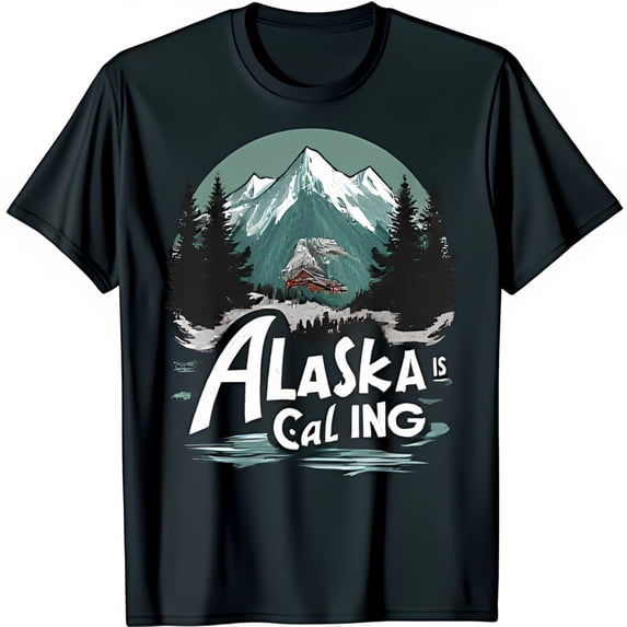 Alaska is Calling Graphic T-Shirt Dark Blue Cabin Mountain & Lake Design
