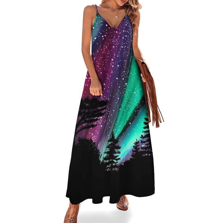 Alaskan Aurora Aurora Borealis Northern Lights Sleeveless Suspender Dress Summer Fashion Casual Long Dress