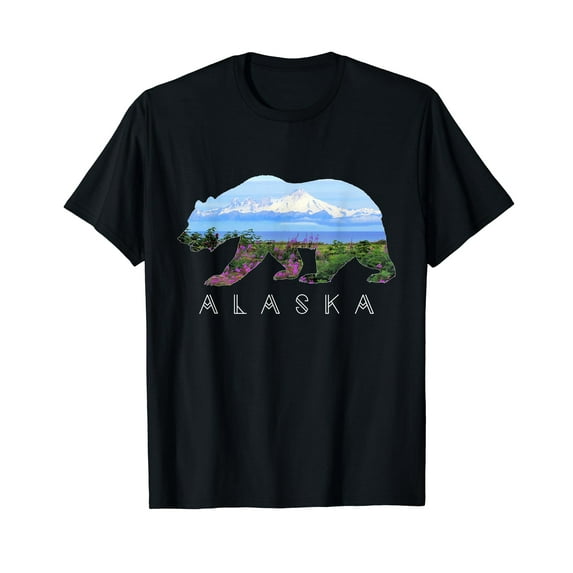 Alaskan Bear with Wildflowers & Mountain Snow Vintage Mystery Men Women T-Shirt
