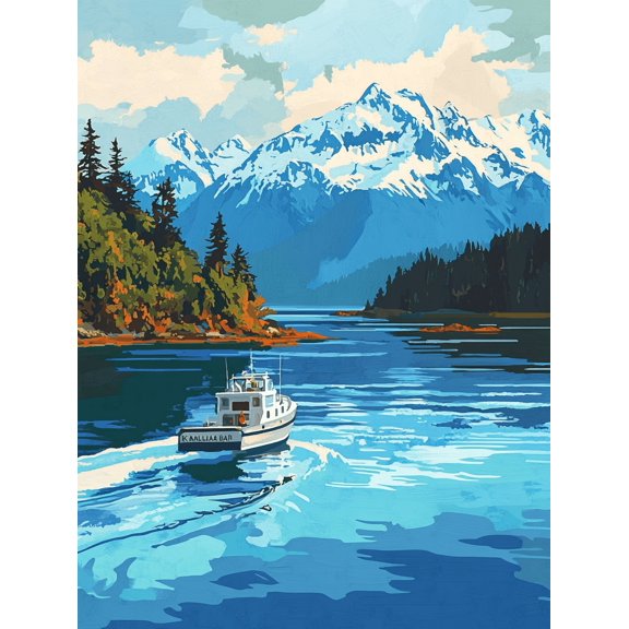 Alaskan Boat Mountain Landscape Canvas Art Print, Suitable for Living Room, Bedroom, Office, Hotel, and Restaurant Decor