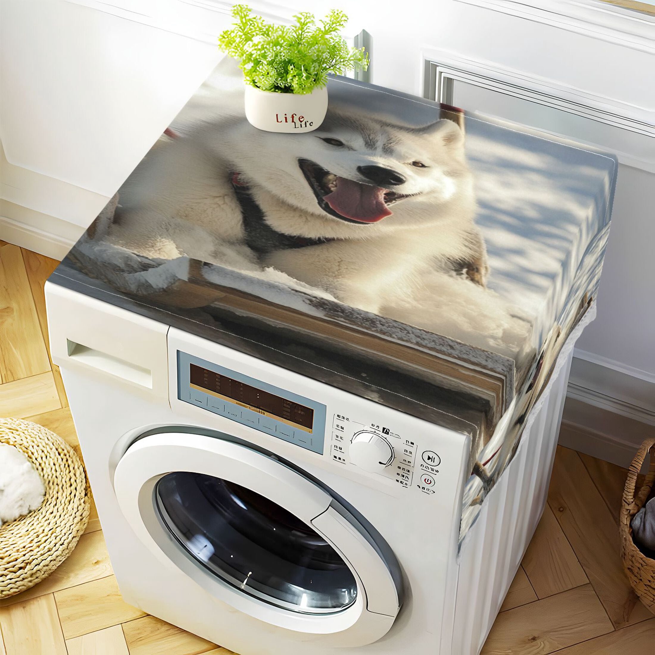 Alaskan Dog on A SledgeWasher and Dryer Covers Dust-Proof and Oil Resistant Fridge Cover with 4 Storage Pockets Washing Machine Top Cover for Laundry Kitchen Home 51.2 x 22 In
