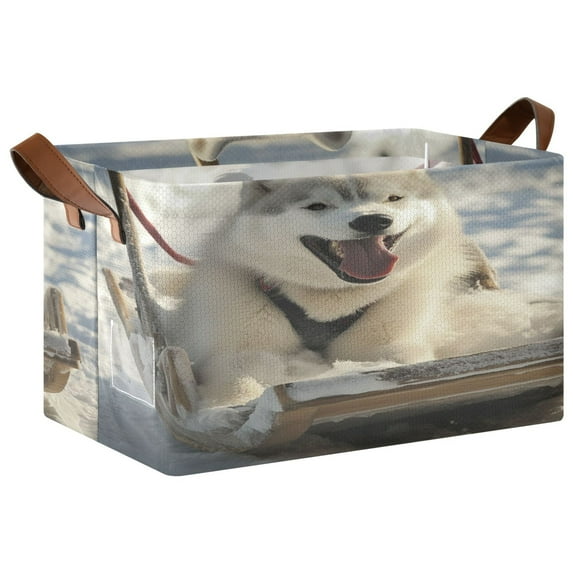 Alaskan Dog on A Sledge Storage Basket Soccer Plaid Fabric Hoard Box Oversized Collapsible Closet Organizer with Metal Iron Frame 16.9×11.4×10in