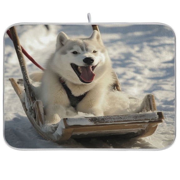 Alaskan Dog on A SledgeKitchen Drying Mat Heat Resistant Drainage with Non-Slip Rubber Backing Hides Stains Super Absorbent Easy to Clean 1824in