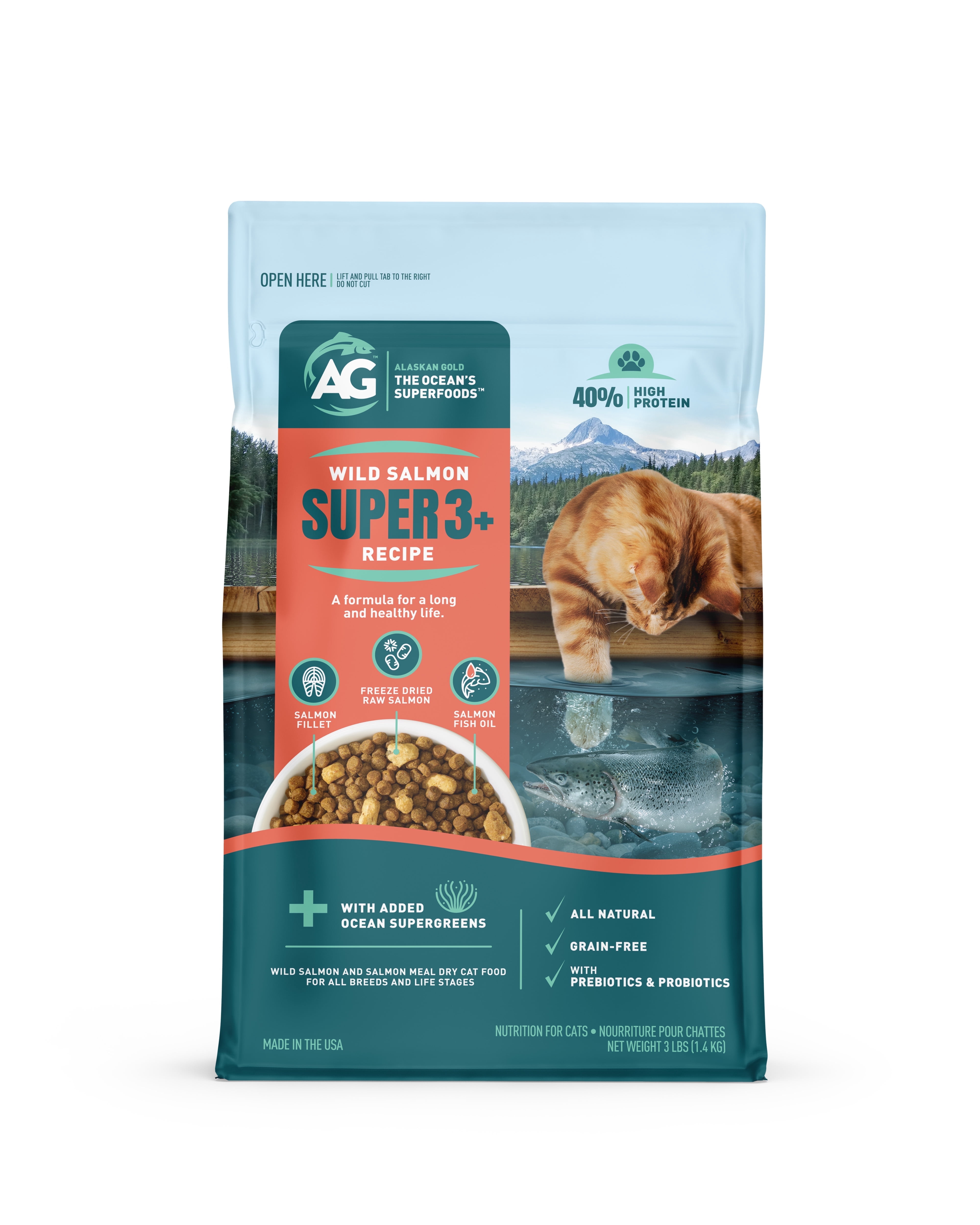 Alaskan Gold SUPER3+ (Salmon+Freeze Dried Raw Salmon+Salmon Oil) Dry Cat Food | Kitten & Adult | High-Protein | Grain-Free | Allergy & Digestive Support| All-Natural | 3-lbs