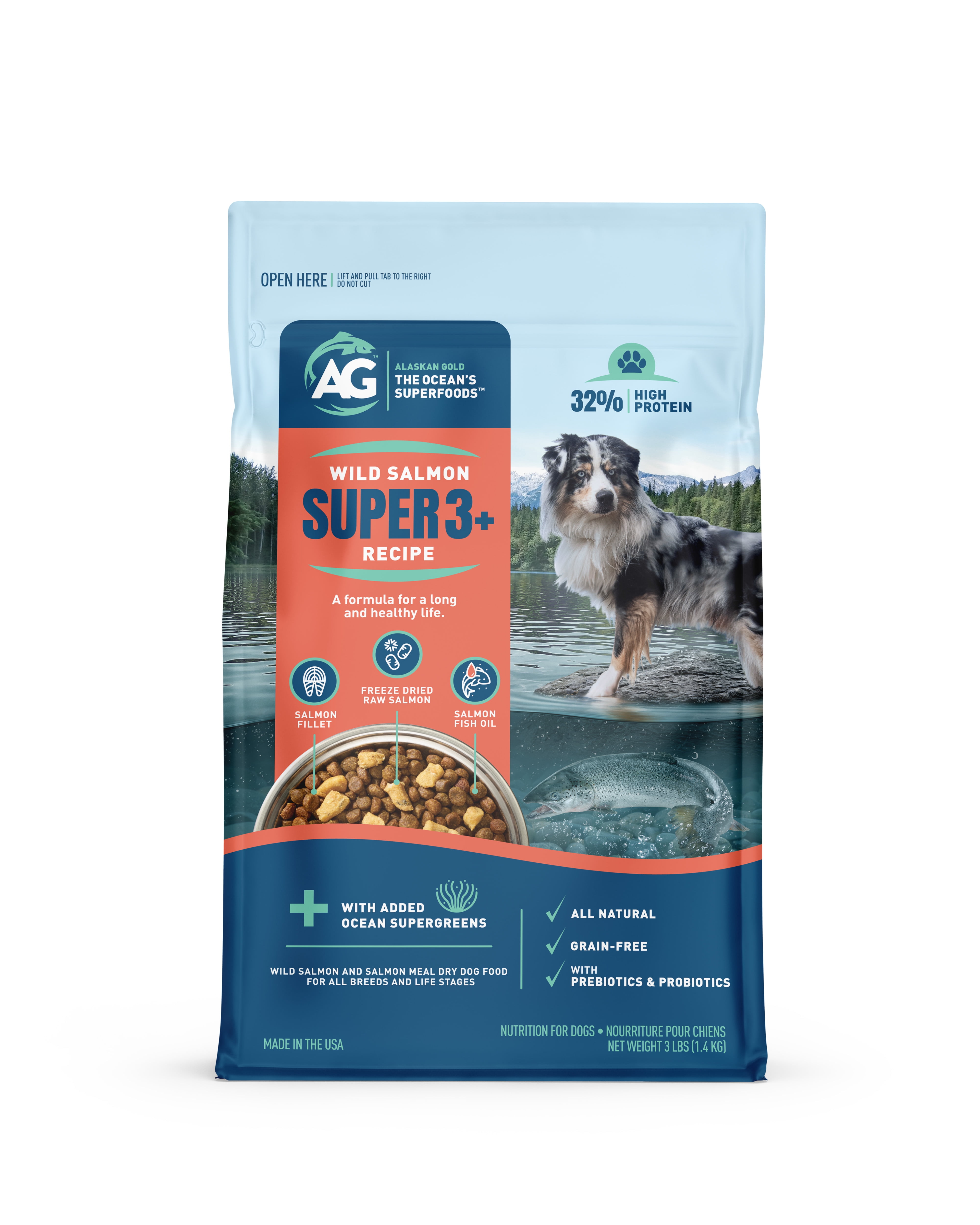 Alaskan Gold Wild Salmon SUPER3+ Dry Dog Food | High-Protein Blend with Freeze-Dried Raw Salmon & Salmon Oil | Grain-Free, All-Natural | Puppy & Adult | Allergy & Digestive Support | 3-lbs