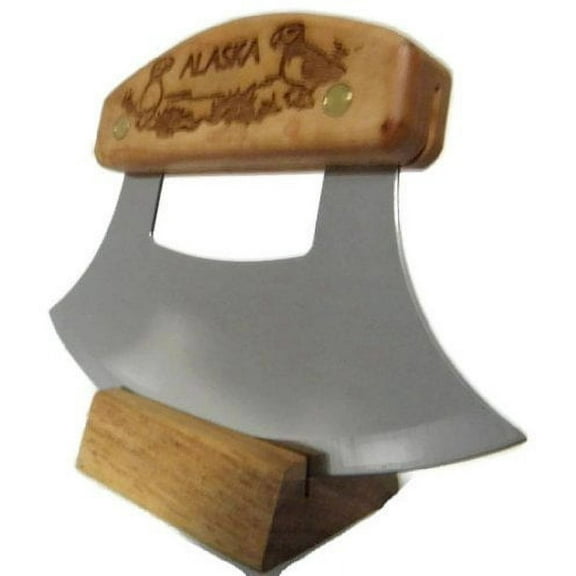Alaskan Inupiat Style Ulu with Puffin Etched Birchwood Handle, 6.25" Blade