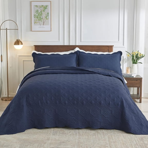 Alaskan King Bedspread Set Oversized King Bedspreads 132x120 inches Extra Wide King Quilt Set Lightweight Coverlet with Shams Grid & Damask Quilted Bedspread for All Season, Navy Blue