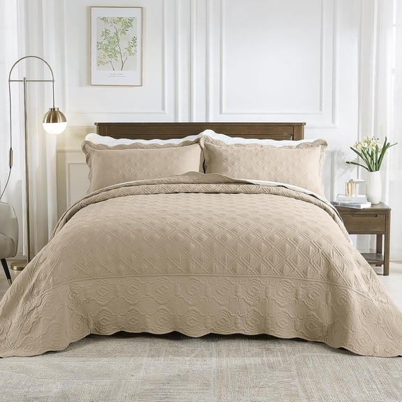 Alaskan King Bedspread Set - Oversized King Bedspreads, 132x120 inches, Extra Wide Quilt Set with Shams - Lightweight Coverlet, Grid & Damask Quilted Bedspread for All Season, Beige