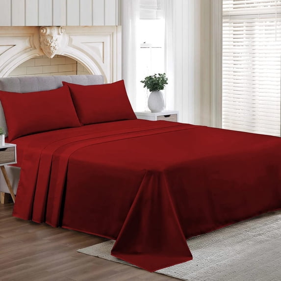 Alaskan King Size Egyptian Cotton Family King Sheet Set Premium 800 TC Super Soft Family King Bed Sheets Burgundy Solid 12 Inch Deep Pocket 4PC- 1 Flat Sheet, 1 Fitted Sheet & 2 Pillowcase