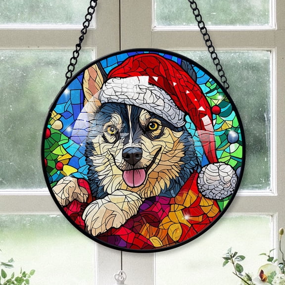 Alaskan Klee Kai Xmas Dog Ornament Christmas 2025 - Alaskan Klee Kai Dog Christmas Stained Glass SunCatcher for Window, Dog Gifts for Xmas