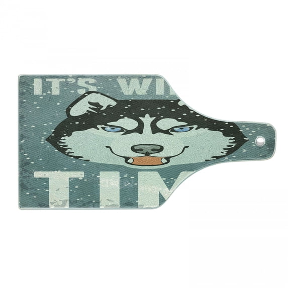 Alaskan Malamute Cutting Board, It's Winter Time Retro Poster Dog Face Falling Snowflakes, Decorative Tempered Glass Cutting and Serving Board, Wine Bottle Shape, Slate Blue Black White, by Ambesonne