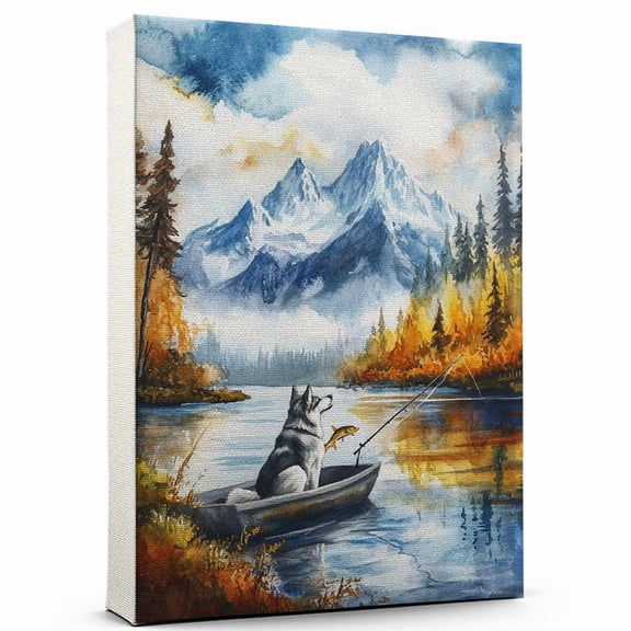 Alaskan Malamute Dog Playing Fishing Wall Canvas Alaskan Malamute Canvas Art for Dog Lovers, Fishing Canvas and Unique Room Decor