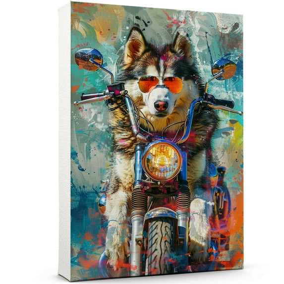 Alaskan Malamute Dog Poster Riding A Motorcycle - Alaskan Malamute Dog Canvas Wall Art For Bedroom Decor - Office Decor - Birthday Gifts For Mom