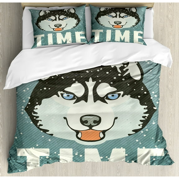 Alaskan Malamute Duvet Cover Set, It's Winter Time Retro Poster Dog Face Falling Snowflakes, Decorative 3 Piece Bedding Set with 2 Pillow Shams, Queen Size, Slate Blue Black White, by Ambesonne