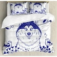 thumbnail image 1 of Alaskan Malamute Duvet Cover Set King Size, Happy Doggy in Blossoming Spring Field with Singing Birds and Flowers, Decorative 3 Piece Bedding Set with 2 Pillow Shams, Blue White, by Ambesonne, 1 of 3