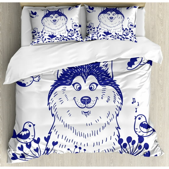 Alaskan Malamute Duvet Cover Set King Size, Happy Doggy in Blossoming Spring Field with Singing Birds and Flowers, Decorative 3 Piece Bedding Set with 2 Pillow Shams, Blue White, by Ambesonne