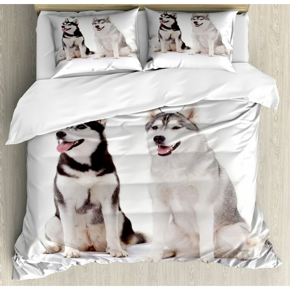 Alaskan Malamute Duvet Cover Set Queen Size, Furry Arctic Doggies Husky Whelp Pedigree Pet Happy Siberian Mammal, Decorative 3 Piece Bedding Set with 2 Pillow Shams, Black Cream White, by Ambesonne