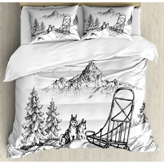 Alaskan Malamute Duvet Cover Set Queen Size, Mountain Landscape in Winter Sledding Dogs Pine Trees Wilderness Art, Decorative 3 Piece Bedding Set with 2 Pillow Shams, Black and White, by Ambesonne