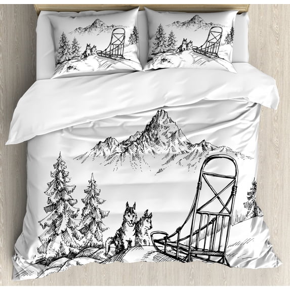 Alaskan Malamute Duvet Cover Set Queen Size, Mountain Landscape in Winter Sledding Dogs Pine Trees Wilderness Art, Decorative 3 Piece Bedding Set with 2 Pillow Shams, Black and White, by Ambesonne